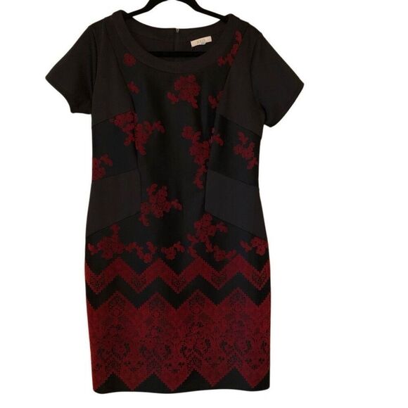 Halo Black With Red Velvet Flocking Sheath Dress Sz M Career Date Night - Picture 1 of 13